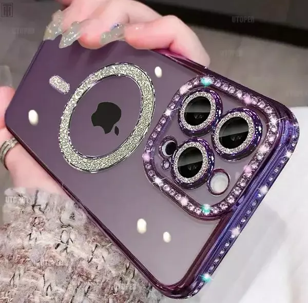 Case Magsafe Borde Morado Escarcha Cámaras Iphone 14pro+