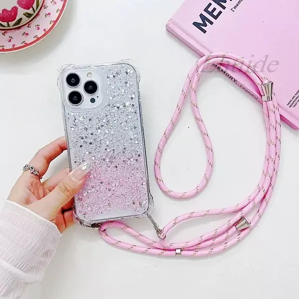 Case De Lujo Brillante Con Strap Rosado Para Iphone 11