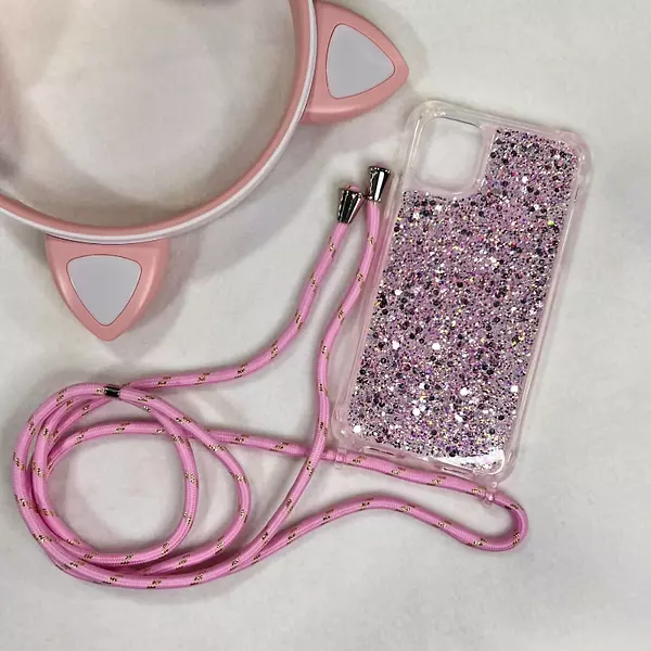 Case De Lujo Brillante Con Strap Rosado Para Iphone 15