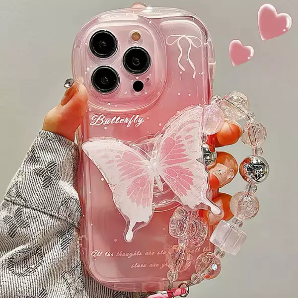 Case Mariposa Rosado Popsocket + Strap Iphone 13 Pro+