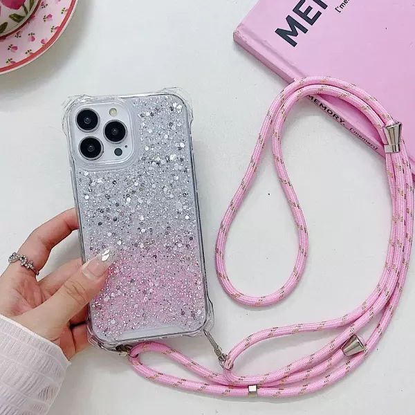 Case De Lujo Brillante Con Strap Rosado Para Iphone 15 Pro+