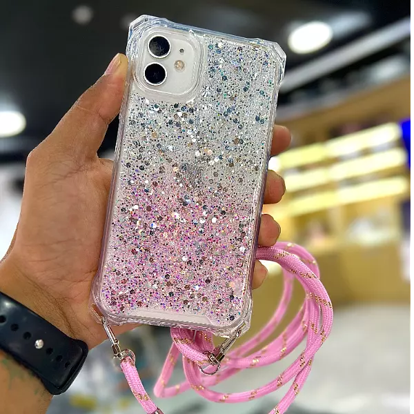 Case De Lujo Brillante Con Strap Rosado Para Iphone 15 Pro