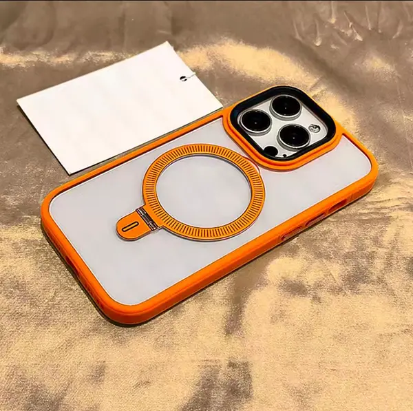 Case Transparente Magsafe Soporte Borde Naranja Iphone 16pro
